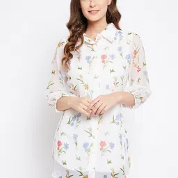Bitterlime White & Blue Shirt Collar Floral Printed Tunic-image-13