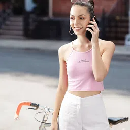 ONLY Lavender Solid Shoulder Straps Neck Regular Crop Top with Typography Detail-image-40