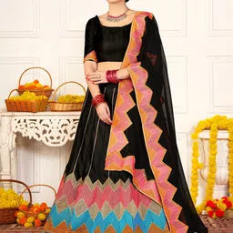 Warthy Ent Black & Peach Embroidered Semi-Stitched Lehenga & Unstitched Blouse & Dupatta-image-4