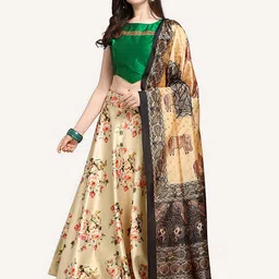 Kaizen TEXO FAB Cream-Coloured & Green Printed Semi-Stitched Lehenga & Unstitched Blouse With Dupatta-50