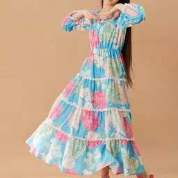 pspeaches Girls Floral Printed Fit And Flare Tiered Cotton Maxi Dress-picture-36