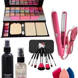 BELLAS Tya 6155 Multicolour Makeup Kit and 7 Black Brushes Set, 1 Matte Fixer, 1 Makeup Base Primer, 1 Mini Hair Straightener with 3 Beauty Blenders - (Pack of 14)-picture-36