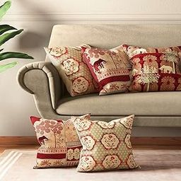 India Circus by Krsnaa Mehta Ancient Haathi Multicolor Satin Blend Cushion Pillow Covers Set of 5 (16 x 16 Inches)-11
