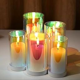 LTETTES Set of 5 Real Wax with Iridescence Effect Removable Glass Shell Faux Wick Flameless Candles Battery Operated Led Candles for Home Decor, Diwali, Gifting, Wedding [Battery Included], Ivory-8