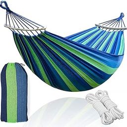 Baskety Camping Hammock Double & Single Portable Hammocks with 2 Hanging Ropes Hammock with Carrying Bag for Patio Porch Garden Backyard Lounging Outdoor/ Indoor Hammock (BLUE, Wooden stripe 280*100)-image-4
