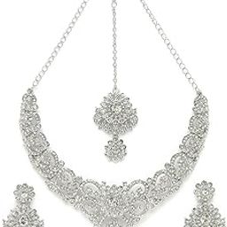 Magnetic Rhodium Plated Silver AD White Stone Collar Bone Necklace Set With Earring And Maangtika | Jewellery Set For Women (NS105694)-image-63