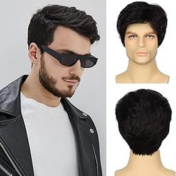 VIEWS Hair Mens Black Short Layered Wig Synthetic Cosplay Halloween Male Wig Heat Resistant Costume Daily Party Use (Black)-image-51