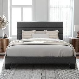 WOOD EMPIRE Upholstered Queen Size Bed | Solid Sheesham Wood Queen Size Platform Cot Bed with Upholstery Linen Fabric | Upholstered Bedwithout Storage (Grey)-image-68