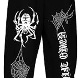 Gothic Spider Web Print Track Pants, Black Cotton Wide Leg Casual Wear with Side Pockets,-53