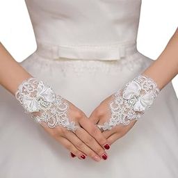 Women's Wedding Gloves Fingerless Lace Glove Bridal White Bow Gloves Short Party Prom Costume Glove Accessories for Women and Brides, White, Free Size-image-18