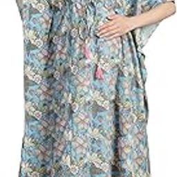 Sky Blue Floral Cotton Maternity Kaftan/Free Size/Feeding/Nursing/Zipper/Drawstring/Printed/Full Length-image-94