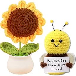 Kawai Homes Crochet Flowers Artificial Sunflowers with Emotional Support Handmade Toys with Message for Girlfriend Boyfriend Women Birthday Valentine's Gift for Him Her (Sunflower Honeybee Set)-24