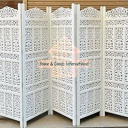 Wooden Room Divider Partition - Wood Screen Separator for Living Room, Bedroom, Office, Restaurant || Kangra Badrun Design, White (5 Panel)-image-61