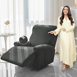 HOKIPO Recliner Stretch Sofa Slipcover 1 Seater Fully Covered 4-Piece Set Machine Washable Furniture Protector with Elasticity for Kids Pet, Grey (AR-4740-GRY)-image-16