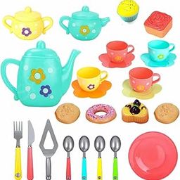 PLUSPOINT Tea Set Tea Party Pretend Playset for Kids, Tea Set Party with Dessert Candy Muffin Toys Including Teapot Cups & Plates Girls Kitchen Toy Gift for Toddler Kids Boys Girls 3 Yrs+-19