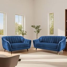 TANAVE Nayra 3+2 Channel Chesterfield Sofa Set in Luxurious Blue Velvet | Solid Wood Frame | Tufted Back | Living Room & Bedroom Furniture (Set of 2)-14