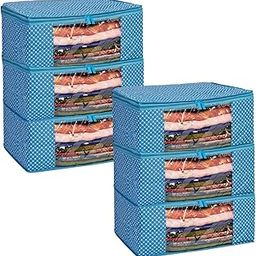 Homestrap Set of 6 Cotton Quilted Saree Covers | 3-Layered Foldable Storage Bags with Transparent Window & Zip | Premium Wardrobe Organizer for Sarees, Lehengas, Dresses | Blue-4