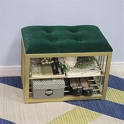OFHEQEUWIN Modern Shoe Rack: Covered Velvet Stool with a Cushioned Seat for Setting Stool, Space-Saving Wrought Iron Shoe Rack The Hallway, Bedroom, and Living Room-Green-image-67