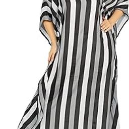 Women Kaftan Dress Tunic Long Maxi Plus Size Polyester Printed Caftan (Black-White)-image-2
