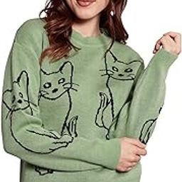 Women Cat Printed Round Neck Drop-Shoulder Sleeves Ribbed Hem Regular Sweater-image-7