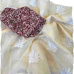 Women's Cream Off White Chanderi Cotton Embroidered Saree With Maroon Kalamkari Printed Blouse Piece Material (Monika 1)-image-98