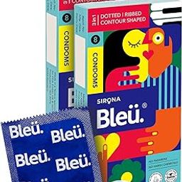 Bleu Vegan & 100% Natural Latex, 3-In-1 Condoms for Men | Dotted, Ribbed & Contour Shaped - 8 Count (Pack of 2)-0