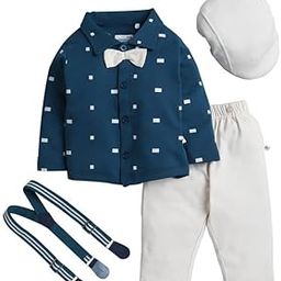 Beige & Teal Boys Full Sleeves Shirt Pant Set With Suspender & Cap (Peb9937)-image-14