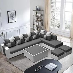 FURNY- Siyara 8 Seater Fabric RHS L Shape Sofa Set with 1 Centre Table & 2 Puffy (Dark Grey-Light Grey)-image-31