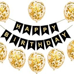 Flyloons Black Happy Birthday Banner with Confetti Balloons Decoration Kit for Boys Girls Kids Men| 8 Pcs Gold Colour Confetti Meatallic Balloons| 13 Pcs Reusable Happy Birthday Paper Banner-image-58