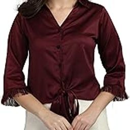 Women's Silk Satin Wine Color Button Down tie up Frill Sleeves Shirt.-picture-23