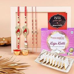 TIED RIBBONS Rakhi for Brother and Bhabhi with Sweets Gift Combo - Set of 4 Premium Family Rakhi for Bhaiya Bhabhi with Kaju Katli and Card - Rakhi for Bhaiya and Bhabhi and Kids Combo (Design 1)-image-3