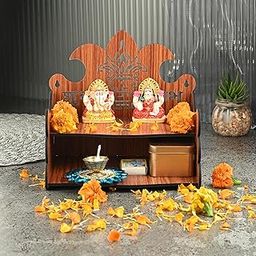 Gojeeva Wood Hand Crafted Om Pattern Home Temple for Puja Temple for Home and Office l Puja Mandir l Wooden Mandir l Puja Shelve (Brown-1) (Pack of 1)-image-3
