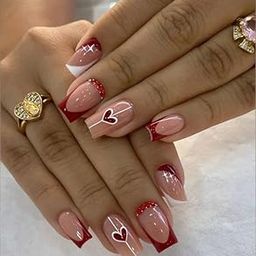 FWS Artificial fake Press On Nails Art Set (Set Of 20) Reusable Nails Extension,BridalNails,Stick-On Nails,Manicure Art Set, AcrylicNails,False Nails,DesignerNails | Nail Glue, Nail file, cuticle pusher, cleaning wipe | Glossy Nude,Red French Studded Heart Shape Medium Square-image-60