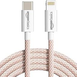 amazon basics Nylon Braided USB-C to Lightning Cable Cord, MFi Certified Charger for Apple iPhone 14, 13, 12,11, X, 8, 7, 6, 5, iPad Air, Pro, Mini, iPad | Salmon Pink, 1.02 meter-67