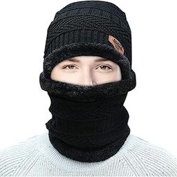 Snow Proof Inside Fur Wool Unisex Beanie Cap with Neck Warmer Set Knit Hat Thick Fleece Lined Winter Hat for Men & Women (BLACK)-87
