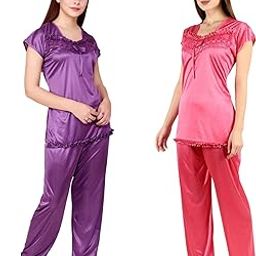 Women's Satin Plain/Solid Night Suit Set Pack of 2 Combo Set (Free Size, Pink and Purple)-image-69