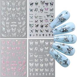 S.A.V.I 4 Pcs Holographic Butterfly Nail Art Stickers, Self-Adhesive Multicolor Decals for DIY Manicure, Easy Decoration (Silver, Pink, Black) - Long-Lasting & Easy to Apply-17