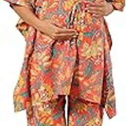 Jaipuri 100% Cotton Maternity Nursing and Feeding Kaftan Night Suit | Center Nursing Zipper | Pre and Post Pregnancy | Color - Orange-image-91