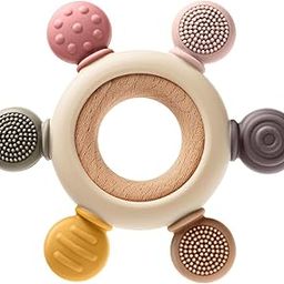 BEAUTY BRIGHT Wooden Teether, Baby Teething Toys Silicone Teethers Bpa Free Silicone Rudder with Wooden Ring Soothe Babies Gums-30