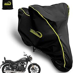 AUTOCOZEN Waterproof Bike Cover Compatible with Royal Enfield Meteor 350 Cover with All Weather Protection and Triple Stitch, Heavy Buckle with Storage Bage & Black with Yellow Piping-22