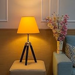 DECOR DREAM COLLECTION Tripod Table Lamp with Black Wood Base, Yellow Pleated Fabric Shade, E27 Holder-17