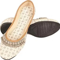 dfr Women Rajasthani Ethnic Embroidery with Payal Punjabi Mojari's Jutti’s, Color - Cream-picture-8