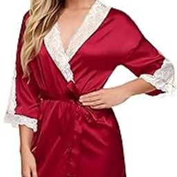 Women's Sleepwear Satin Short Night Robe/Nighty with Lace/Nightwear Set/Night Dress-image-4