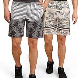Regular Fit Cotton Blend Summer Shorts for Men - Pack of 2 | Printed Shorts for Men Blue/Beige-image-33