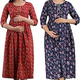 Women's Cotton Printed Maternity Gown Feeding Nighty A-line Maternity Dress Kurti Gown for Women (Po2-Gown-001)-image-83