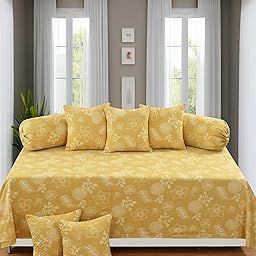 Luxurious Cotton Feel Quilted Diwan Cover Set with 8 Pieces, 1 Single Bed Sheet with 5 Quilted Cushion Covers and 2 Quilted Bolster Covers (Quilted diwan Cover Size 90x60 Inches) (Yellow)-image-99