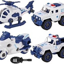 Kiddie Galaxia Police Vehicle Play Set Toy 4 Pack Cars with 1 Screwdriver Tools, Kids Stem Toys Including 1 Sport Bike, 1 Jeep, 1 Public Security Van, 1 Helicopter for Toddlers 3-8 Year- Multicolor-30