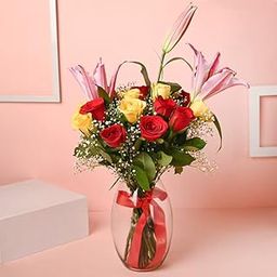 FlowerAura Fresh Live Flower Bouquet of 1 Lily With 20 Red & Yellow Roses In Vase For Birthday Gift, Anniversary Gift, Wedding Gift, Farewell Gift & Gift For Special Occasions (Same Day Delivery)-image-61