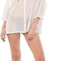Beach Cover Up Shirt, White Sheer Button Down with Gold Sequin Palm Trees, 3/4 Sleeve-picture-15