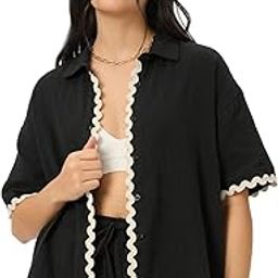 Ebony Women's And Girls Short Sleeves Collared Neck Button Front Solid Cotton Oversized Fit Boyfriend Shirts-image-62